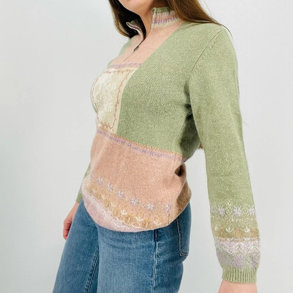 vintage pastel snowflake ramie angora rabbit blend quarter zip sweater top s - Picture 4 of 8